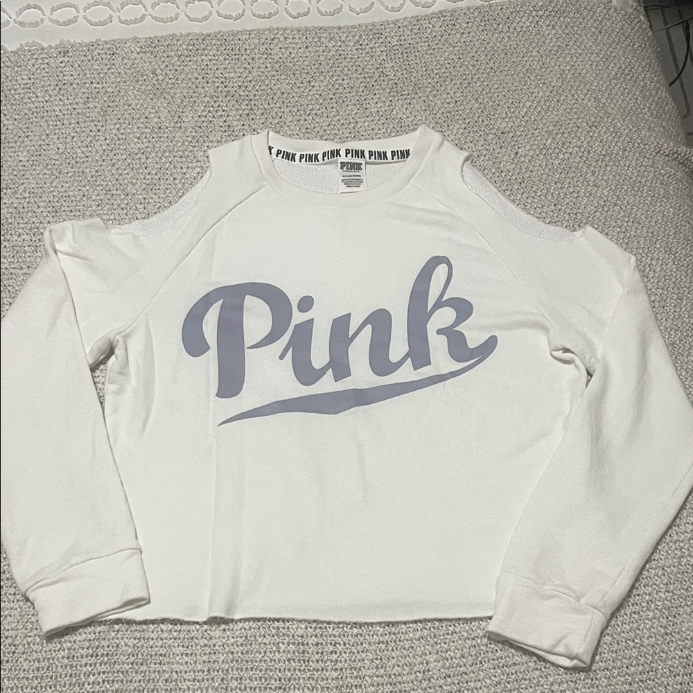 Victoria's Secret PINK - White Cold Shoulder Top with Purple/blue Logo